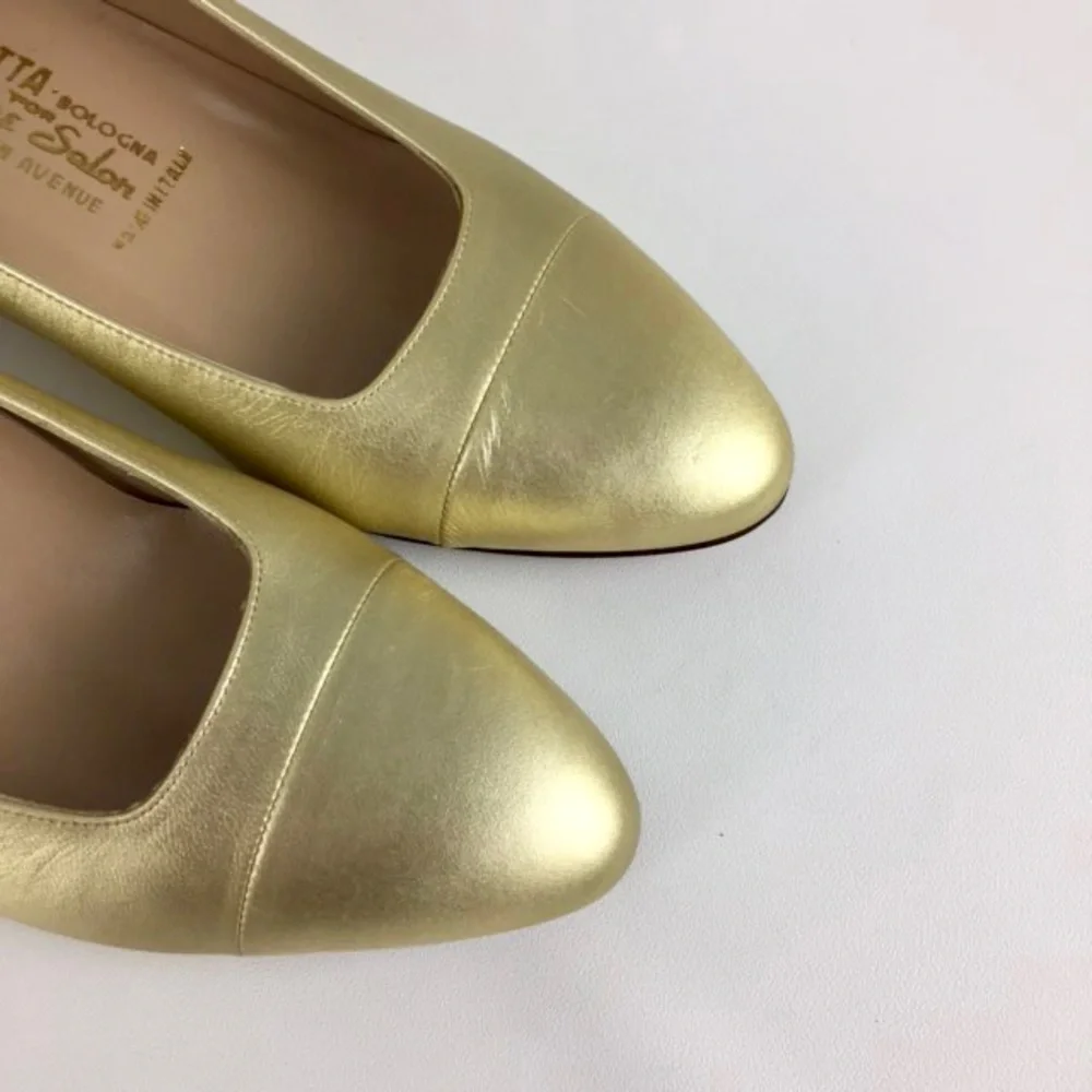 Vintage Ballotta Womens Gold Metallic Low Block Heel Italian Pumps size 6